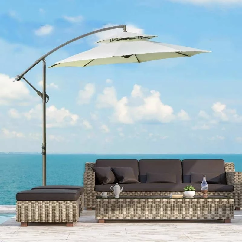 Outsunny 2.7m Banana Cantilever Parasol With Crank Handle And Cross Base - Beige - 84D-187BG