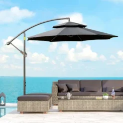 Outsunny 2.7m Banana Cantilever Parasol With Crank Handle And Cross Base - Black - 84D-187BK