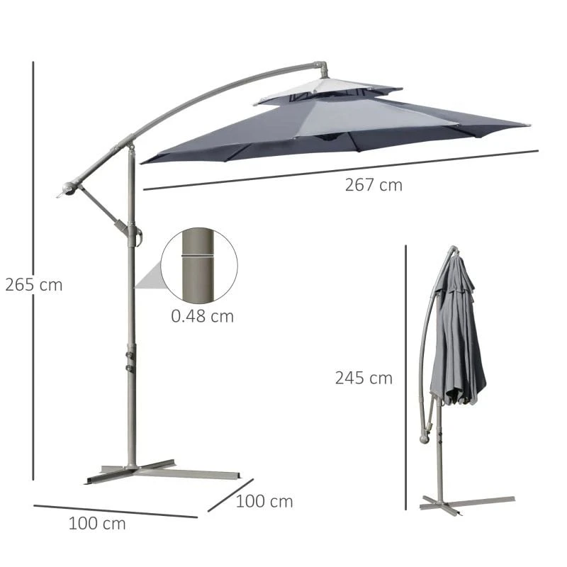 Outsunny 2.7m Banana Cantilever Parasol With Crank Handle And Cross Base - Dark Grey - 84D-187CG - Image 9