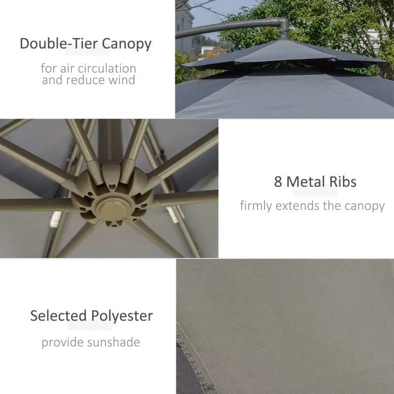 Outsunny 2.7m Banana Cantilever Parasol With Crank Handle And Cross Base - Dark Grey - 84D-187CG - Image 6