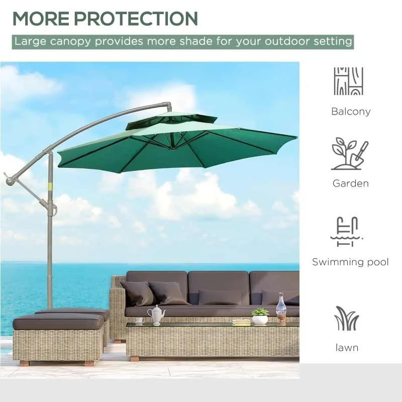 Outsunny 2.7m Banana Cantilever Parasol With Crank Handle And Cross Base - Green - 84D-187GN - Image 8