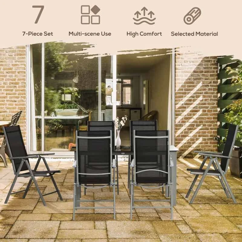 Outsunny 7 Piece Dining Table And Folding Reclining Chairs Set - Black - 84G-100V00BK - Image 4