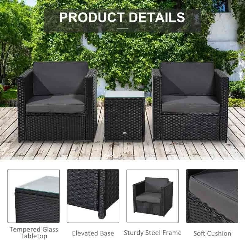 Outsunny 2-Seater Patio Rattan Sofa Furniture Set With Cushions - Black - 860-073V01BK - Image 8