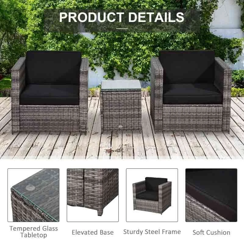 Outsunny 2-Seater Rattan Sofa Furniture Set With Cushions, Steel Frame - Grey - 860-073V01GY - Image 6