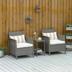 Outsunny 2-Seater Rattan Weave Conservatory Furniture Patio Bistro Set With Cushion Pillow - Grey, Cream White - 860-086
