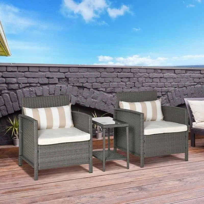Outsunny 2-Seater Rattan Weave Conservatory Furniture Patio Bistro Set With Cushion Pillow - Grey, Cream White - 860-086 - Image 2