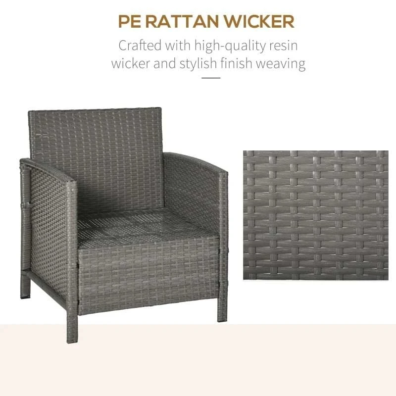 Outsunny 2-Seater Rattan Weave Conservatory Furniture Patio Bistro Set With Cushion Pillow - Grey, Cream White - 860-086 - Image 9