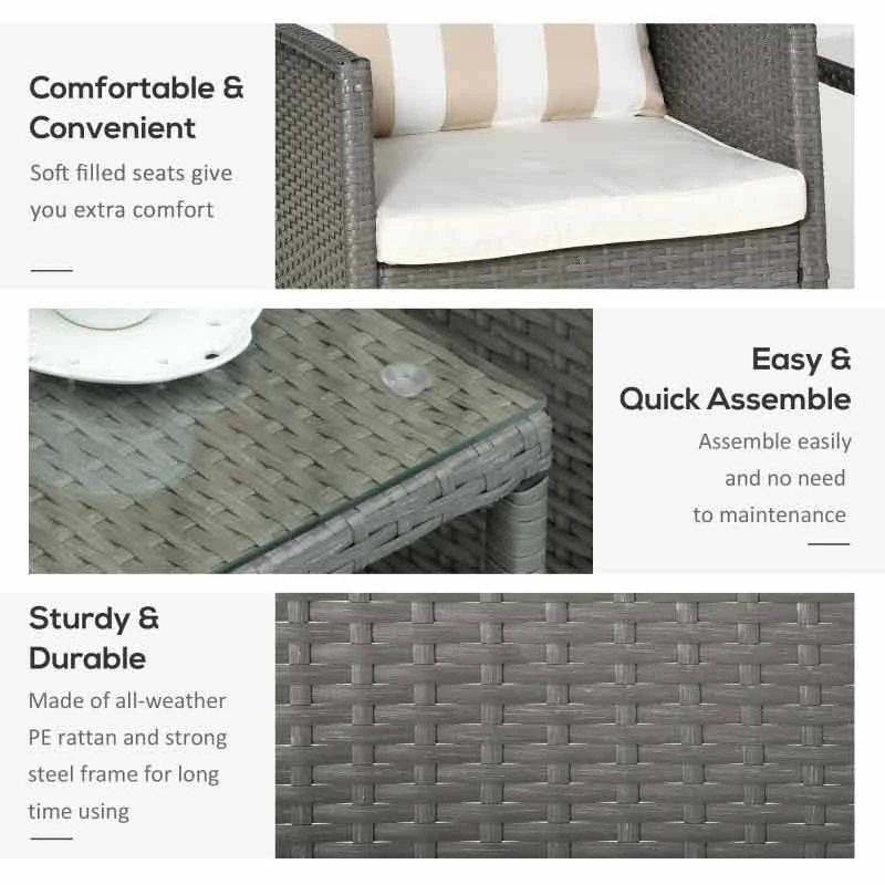 Outsunny 2-Seater Rattan Weave Conservatory Furniture Patio Bistro Set With Cushion Pillow - Grey, Cream White - 860-086 - Image 7