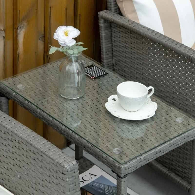 Outsunny 2-Seater Rattan Weave Conservatory Furniture Patio Bistro Set With Cushion Pillow - Grey, Cream White - 860-086 - Image 4