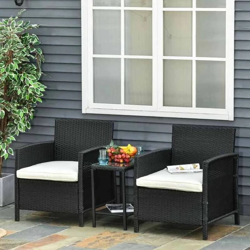 Outsunny 2-Seater PE Rattan Side Table & Armchair Bistro Set With Pillows - Black- 860-086BK - Image 9