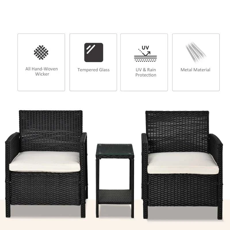 Outsunny 2-Seater PE Rattan Side Table & Armchair Bistro Set With Pillows - Black- 860-086BK - Image 8