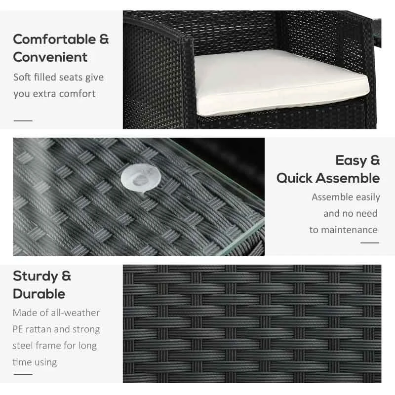 Outsunny 2-Seater PE Rattan Side Table & Armchair Bistro Set With Pillows - Black- 860-086BK - Image 6