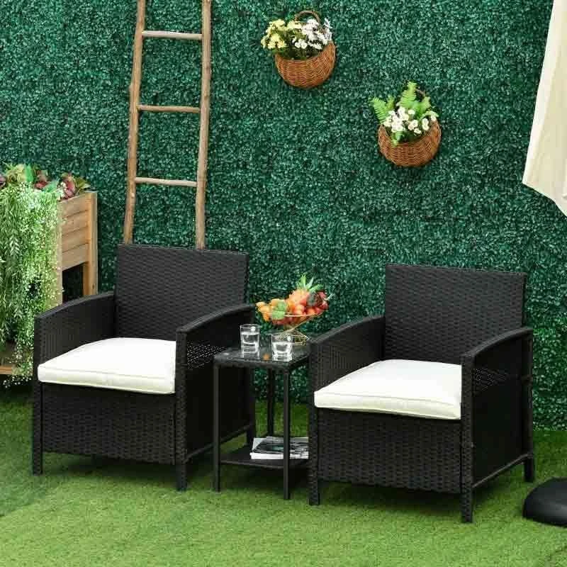 Outsunny 2-Seater PE Rattan Side Table & Armchair Bistro Set With Pillows - Black- 860-086BK