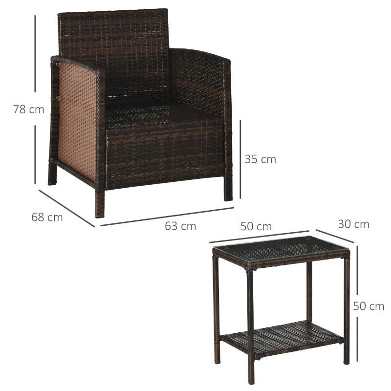 Outsunny 2-Seater Rattan Furniture Patio Bistro Set Weave Conservatory With Cushion Pillow - Brown - 860-086BN - Image 10