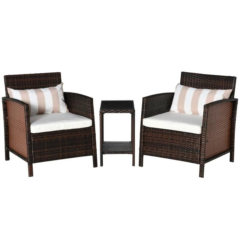 Outsunny 2-Seater Rattan Furniture Patio Bistro Set Weave Conservatory With Cushion Pillow - Brown - 860-086BN - Image 2