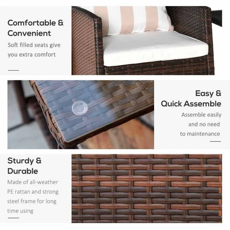 Outsunny 2-Seater Rattan Furniture Patio Bistro Set Weave Conservatory With Cushion Pillow - Brown - 860-086BN - Image 6