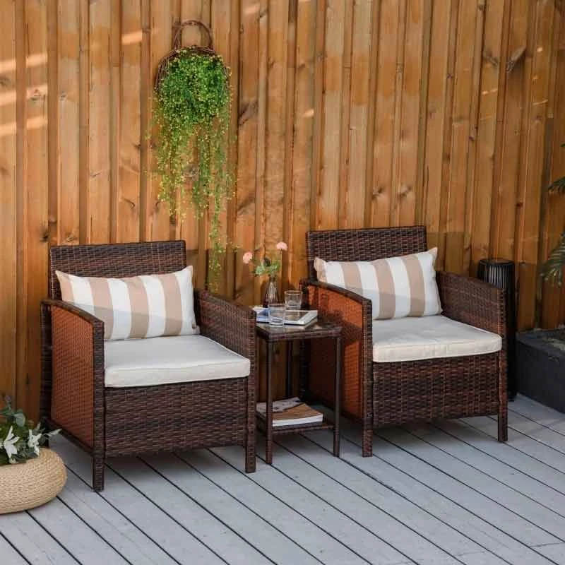 Outsunny 2-Seater Rattan Furniture Patio Bistro Set Weave Conservatory With Cushion Pillow - Brown - 860-086BN