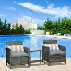 Outsunny 2-Seater PE Rattan Side Table & Armchair Set With Pillows - Grey - 860-086GY