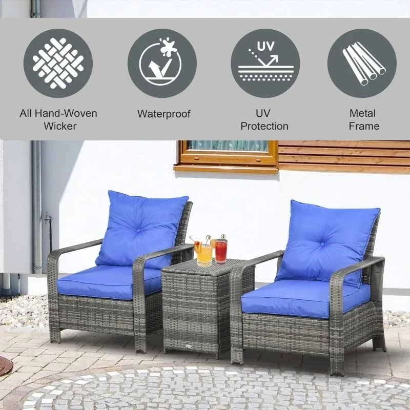 Outsunny 2-Seater PE Rattan Garden Seating Set With Padded Chair - Blue- 860-111V71BU - Image 8