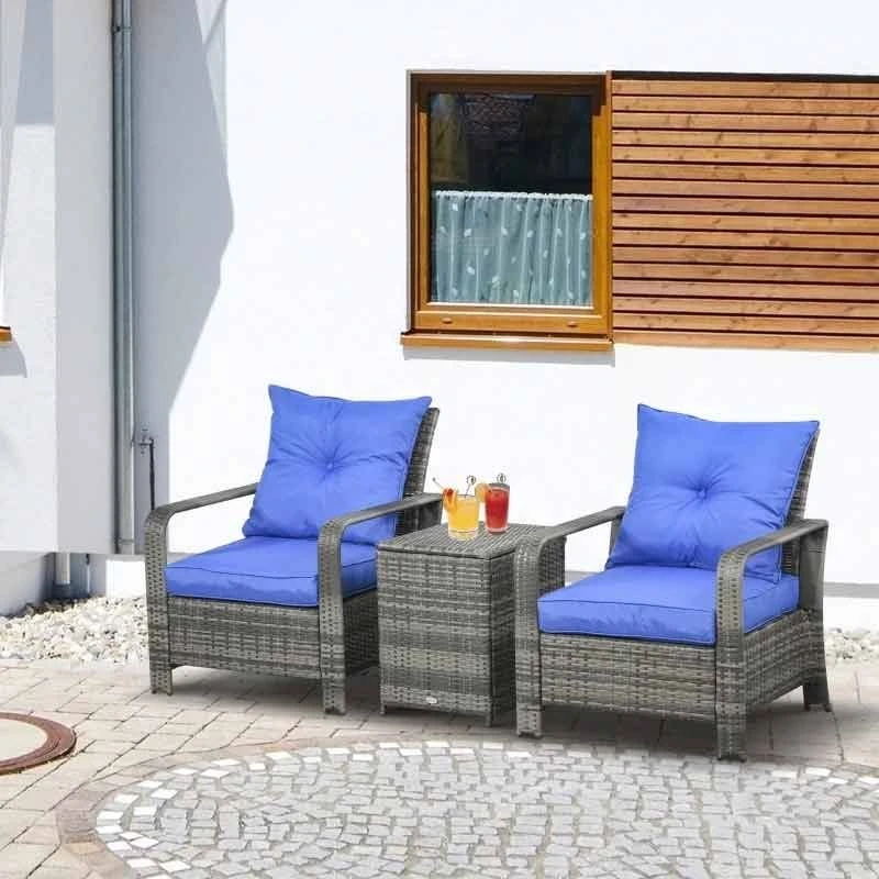 Outsunny 2-Seater PE Rattan Garden Seating Set With Padded Chair - Blue- 860-111V71BU