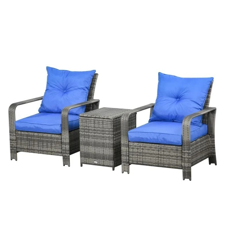 Outsunny 2-Seater PE Rattan Garden Seating Set With Padded Chair - Blue- 860-111V71BU - Image 3