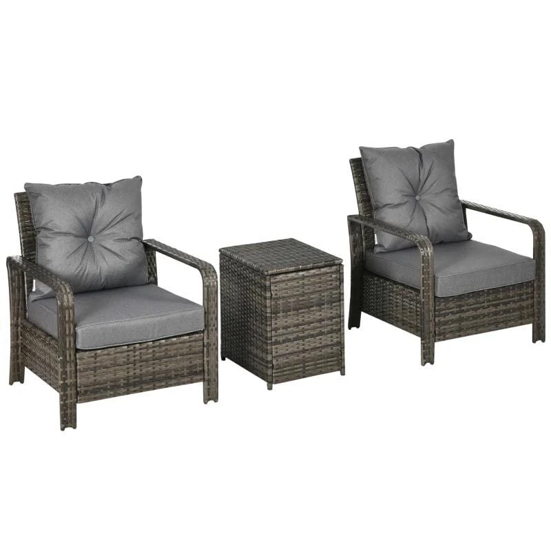 Outsunny 2-Seater PE Rattan Garden Set With Padded Chair Storage Table - Grey - 860-111V71GY - Image 3