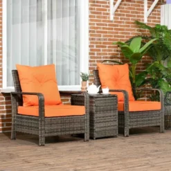 Outsunny 3 Piece PE Rattan Wicker Bistro Set Weave Conservatory Sofa Storage Table With Orange Cushion - Mixed Grey - 860-111V71OG