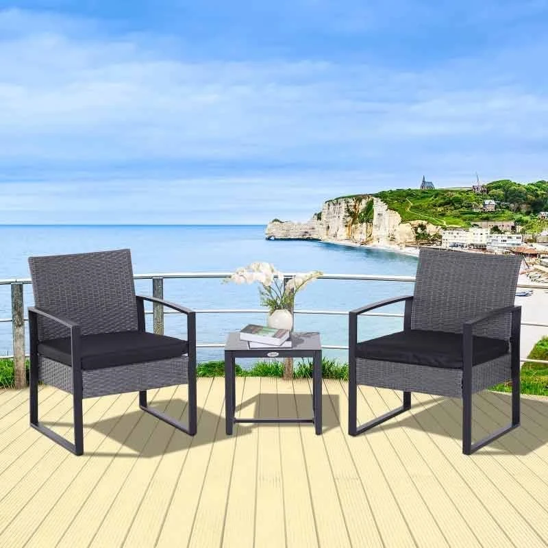 Outsunny 2 Seater Rattan Patio Set With Cushions - Grey / Black - 863-013GY