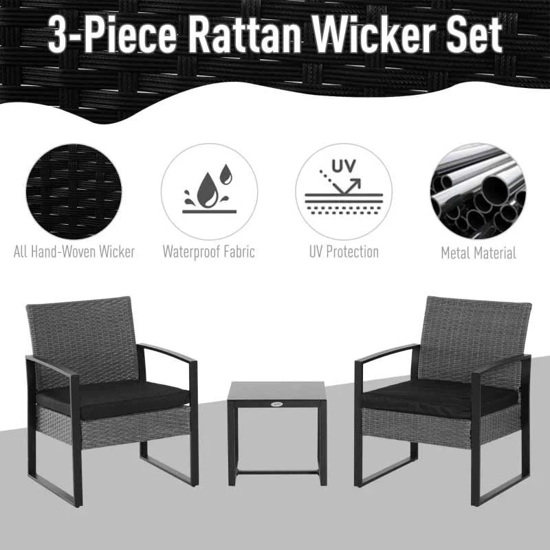 Outsunny 2 Seater Rattan Patio Set With Cushions - Grey / Black - 863-013GY - Image 2