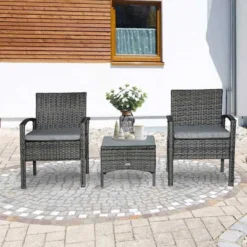 Outsunny 2 Seater Rattan Bistro With Cushion Wicker - Grey - 863-039GY