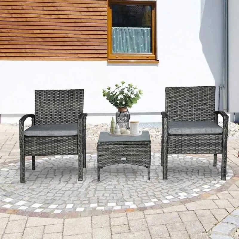 Outsunny 2 Seater Rattan Bistro With Cushion Wicker - Grey - 863-039GY