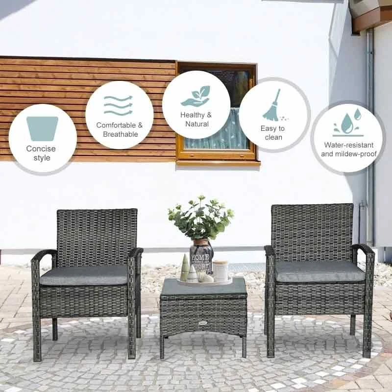 Outsunny 2 Seater Rattan Bistro With Cushion Wicker - Grey - 863-039GY - Image 8