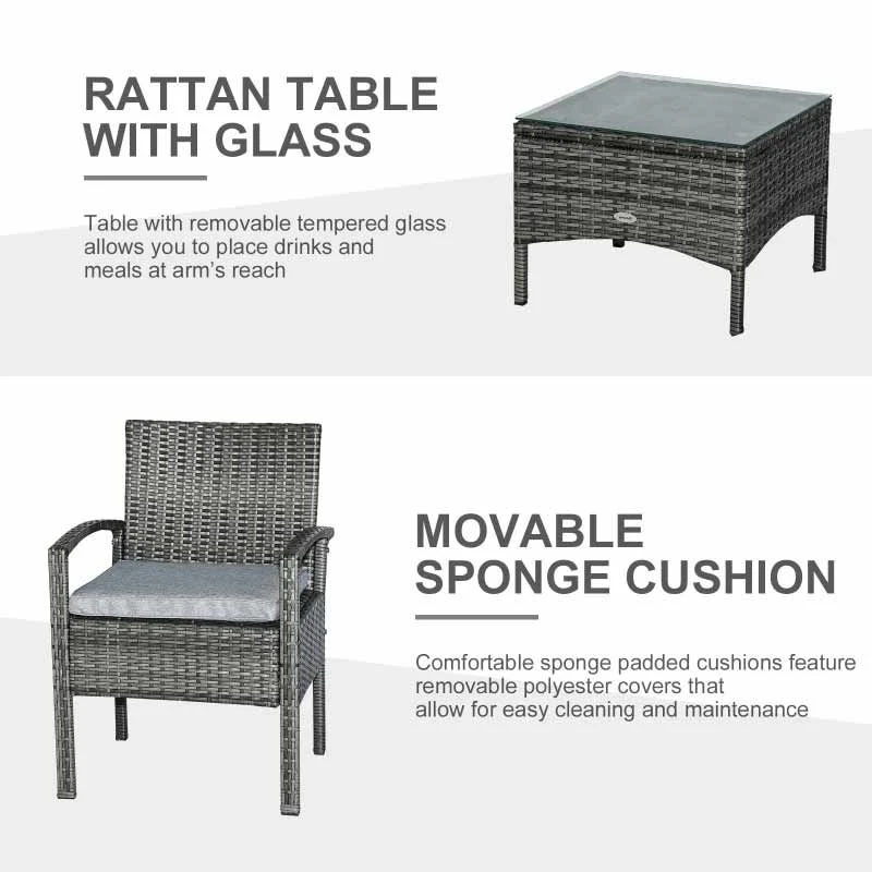 Outsunny 2 Seater Rattan Bistro With Cushion Wicker - Grey - 863-039GY - Image 7