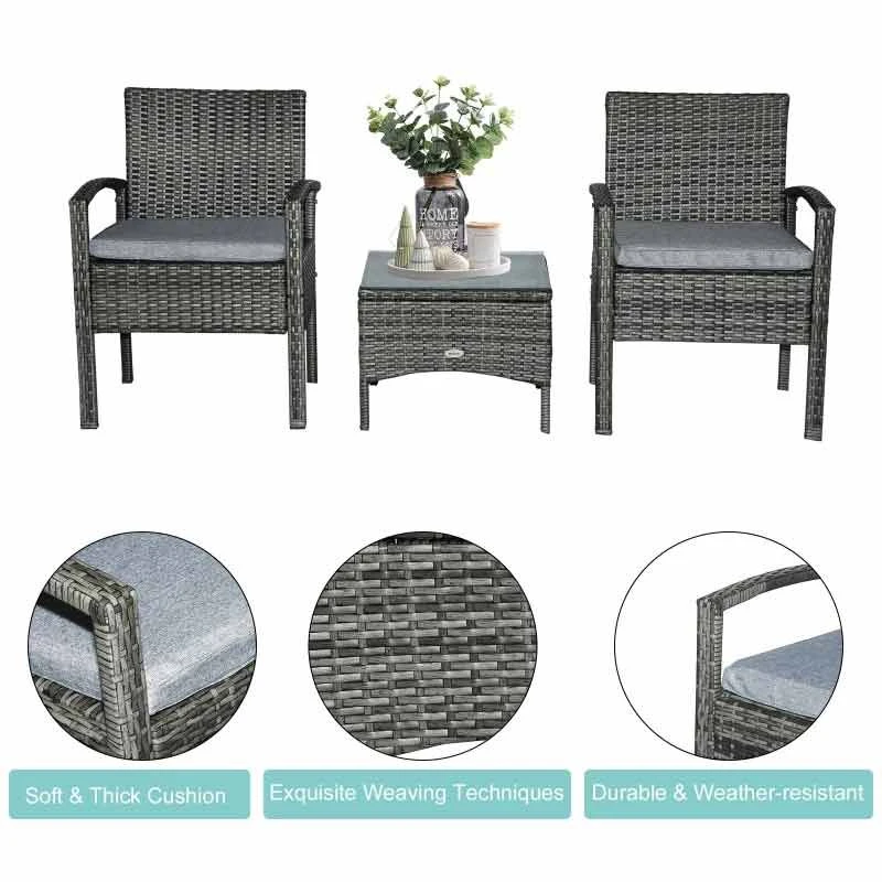 Outsunny 2 Seater Rattan Bistro With Cushion Wicker - Grey - 863-039GY - Image 6