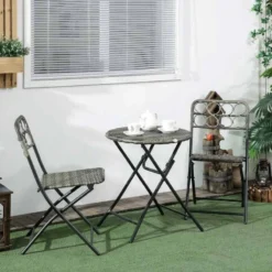 Outsunny 3 Piece Hand Woven Rattan Wicker Bistro Set With Easy Folding - Grey - 863-054V00GG