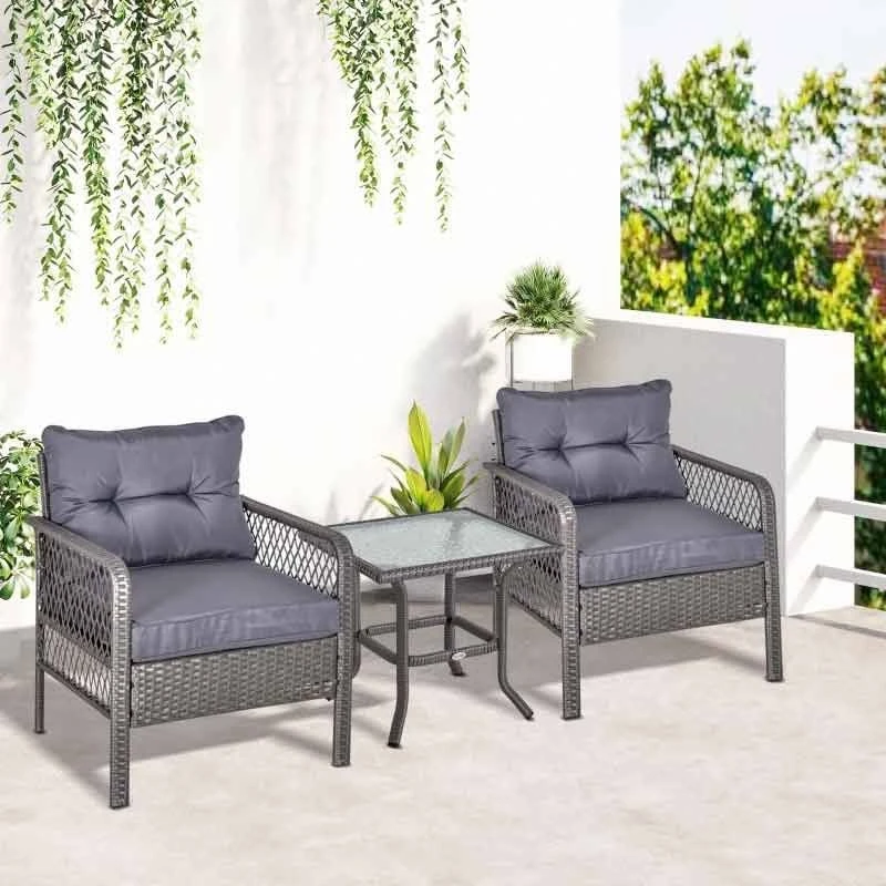 Outsunny 2 Seater Patio Rattan Wicker Coffee Table Bistro Set With Cushion - Grey - 863-072V70 - Image 3