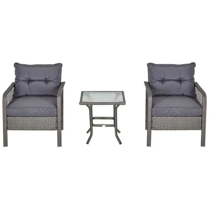 Outsunny 2 Seater Patio Rattan Wicker Coffee Table Bistro Set With Cushion - Grey - 863-072V70 - Image 2
