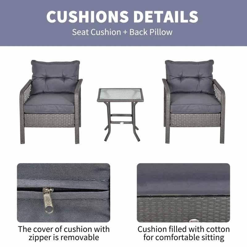 Outsunny 2 Seater Patio Rattan Wicker Coffee Table Bistro Set With Cushion - Grey - 863-072V70 - Image 10