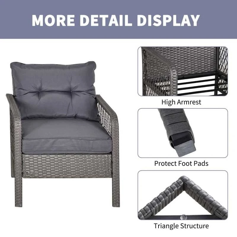 Outsunny 2 Seater Patio Rattan Wicker Coffee Table Bistro Set With Cushion - Grey - 863-072V70 - Image 9