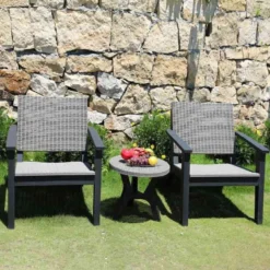 Outsunny 3 Piece Rattan Bistro Set Furniture Armchair Table For Patio Porch - Grey - 863-074V01