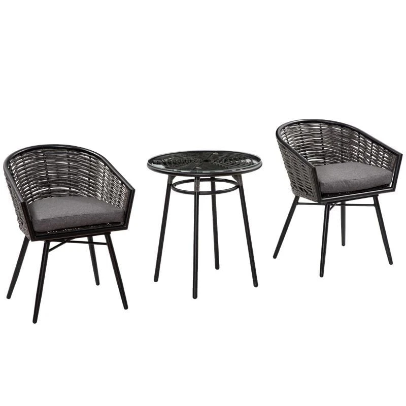 Outsunny 3 Pieces Rattan Bistro Set Conversation Furniture Sets - Grey - 863-104V70 - Image 2