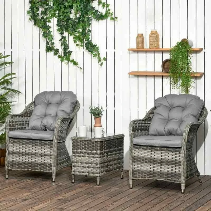Outsunny Modern 3 Piece Rattan Bistro Set With Soft Cushions - Grey - 863-112V70GG