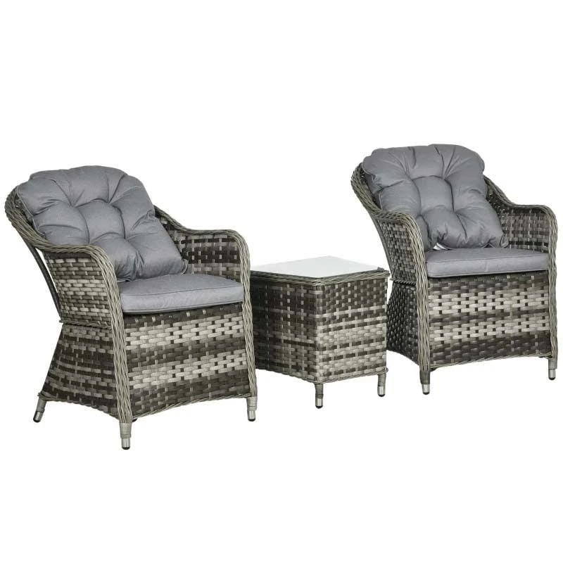 Outsunny Modern 3 Piece Rattan Bistro Set With Soft Cushions - Grey - 863-112V70GG - Image 3