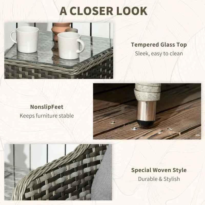 Outsunny Modern 3 Piece Rattan Bistro Set With Soft Cushions - Grey - 863-112V70GG - Image 7