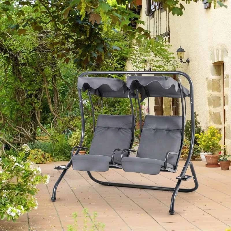 Outsunny 2 Seater Seperate Canopy Garden Swing Chairs - Grey - 84A-052V71 - Image 5