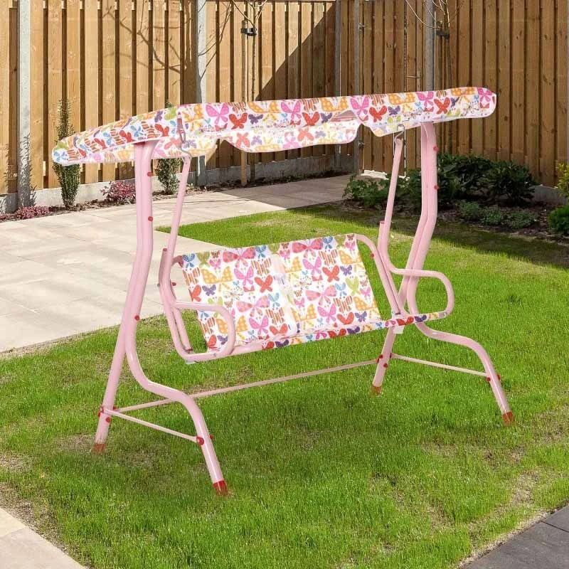 Outsunny 2-Seater Kids Canopy Garden Swing Chair - Pink - 312-026PK - Image 5