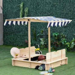 Outsunny Kids Square Wooden Sandpit With Canopy - 343-029