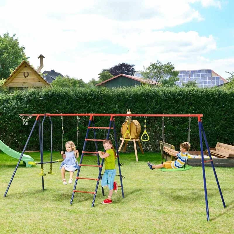 Outsunny 6 In 1 Metal Garden Swing Set For Kids - Red / Blue - 344-053V00DB - Image 9
