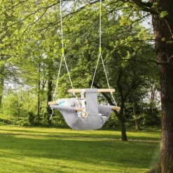 Outsunny Wooden Baby Hammock Swing With Pillow - Grey - 344-040