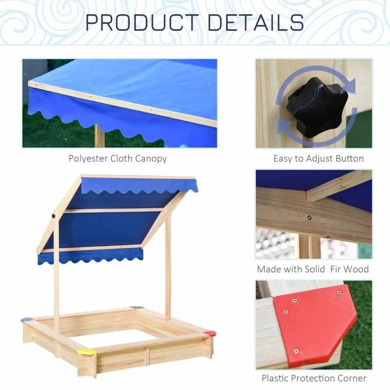 Outsunny Square Wooden Kids Sandpit With Canopy - 343-035 - Image 10